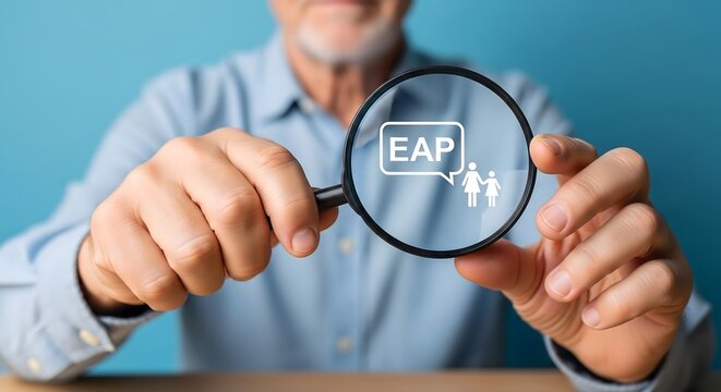 Senior businessman holding magnifying glass focused on employee assistance program concept