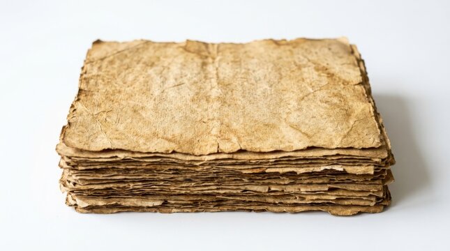 Stack of old vintage paper sheets isolated on white background