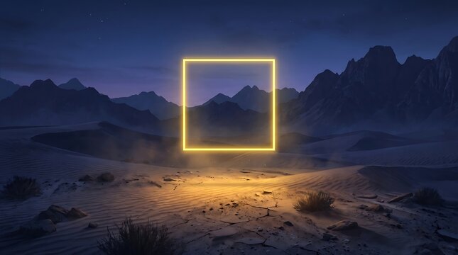 Glowing neon square frame hovering over desert landscape at twilight