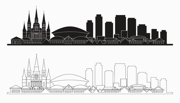 New Orleans city skyline silhouette and outline vector illustration