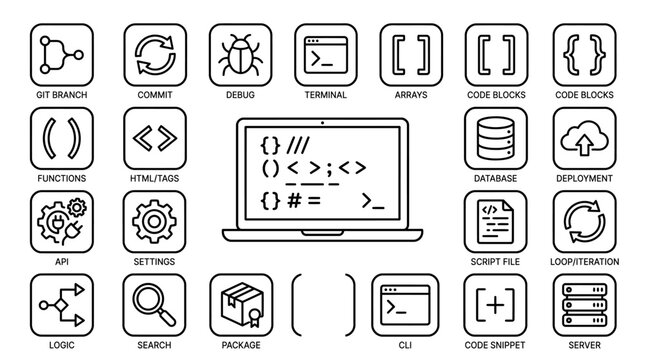 Collection of Software Development Icons and Laptop Computer Displaying Code.