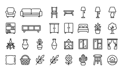 Fototapeta premium Furniture Decor Nature Line Art Icon Collection Black and White Editable Vector Set
