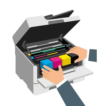 Hands Installing Ink Cartridges in a Printer