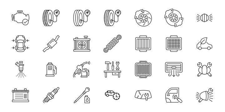 Car Instrument Line Art Icon Set Collection, Automotive Service and Repair Outline Vector Icons