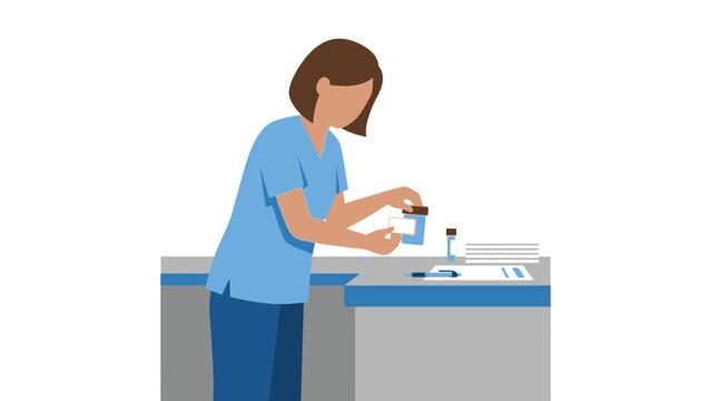 Healthcare worker in blue uniform examining medical sample vial and documents