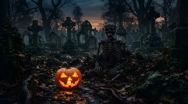 Spooky skeleton and jackolantern in graveyard