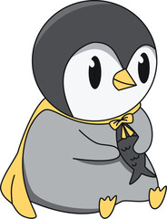Obraz premium Flat penguin superhero character holding fish education learning