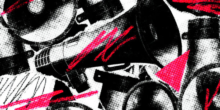 Abstract punk collage illustration. Grunge graphic design with megaphone and red accents.