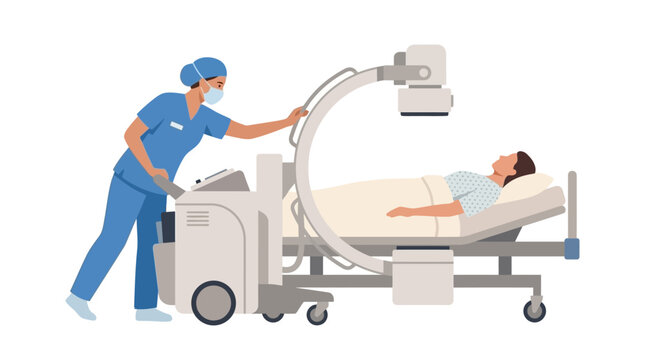 Medical Imaging: Nurse Operating C-arm X-ray Machine for Patient in Hospital Bed