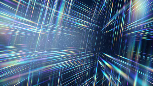 透明な虹色の光の帯と量子プリズムが無限の空間に広がる抽象的な科学CG背景