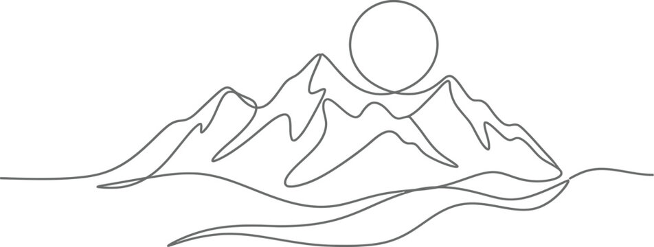 Mountain peaks rising under a radiant sun are depicted as a single line drawing.
