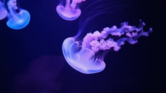 Bioluminescent jellyfish swimming in dark deep blue water