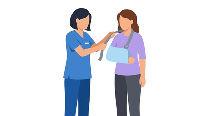 Fototapeta premium Nurse Attaching Arm Sling to Injured Patient, Medical Care Illustration
