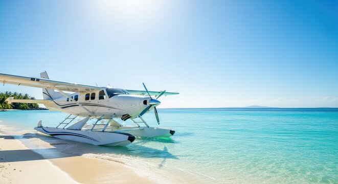 A white luxury seaplane rests on a pristine sandy shore beside turquoise ocean water under a bright sun at a secluded tropical island resort, travel, propeller, floatplane