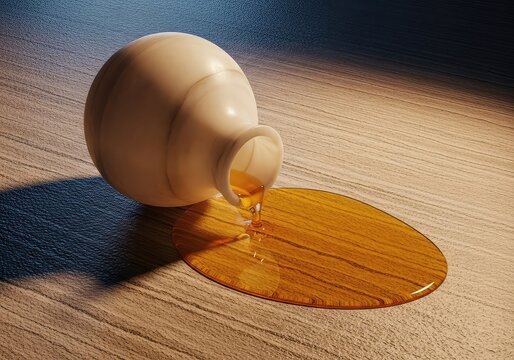 An elegant alabaster vessel rests beside a spreading puddle of golden oil on a textured stone floor, captured in dramatic side lighting, macro, white, wellness
