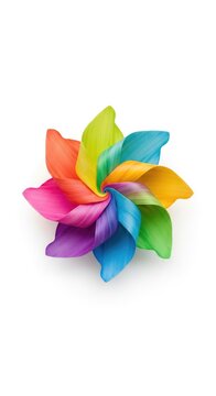 An elegant abstract pinwheel flower with vibrant multicolored petals spiraling from the center, isolated on a clean white background for design, colorful, concept, burst