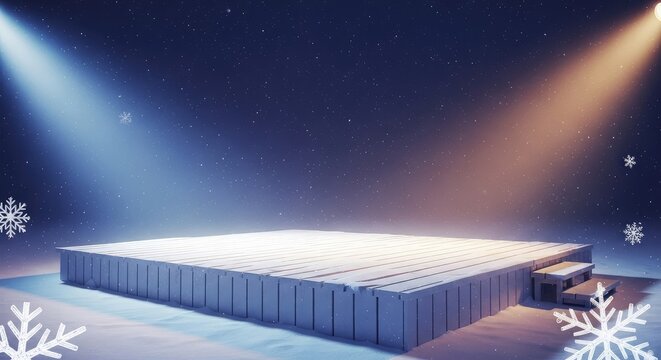 An empty wooden outdoor stage is blanketed in deep fresh white snow under a starry night sky with soft spotlighting and falling snowflakes, space, nature, quiet