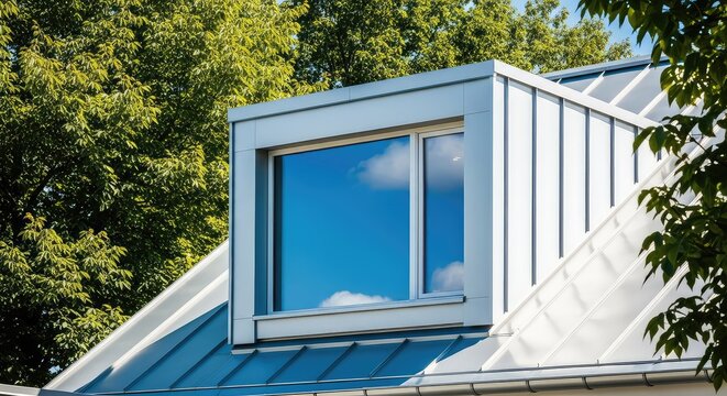 Close-up of a sleek silver metal roof featuring a modern dormer window under a bright blue sky, with lush green trees and sunlight reflections, roof, roofing, reflection
