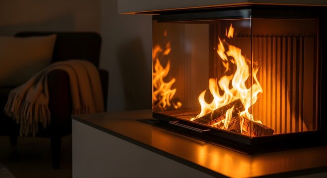 Modern fireplace burning in cozy living room. Warm flames glowing in a contemporary home interior.
