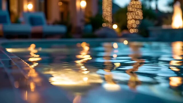 Summer hot vibe lifestyle. A nighttime scene of a swimming pool reflecting the warm, golden light of the setting sun. The pools surface is illuminated by the soft glow of the lights.