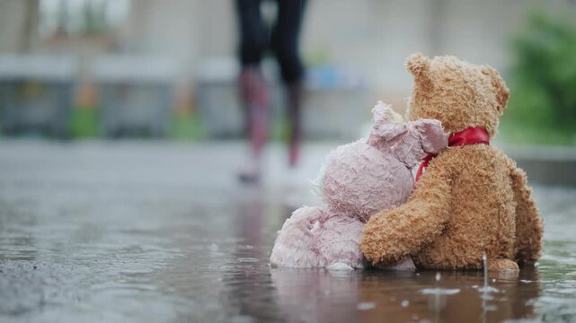 Person in patterned rubber boots walks through rain to pick up two abandoned wet plush toys left in puddle outside during heavy downpour on urban concrete ground surface during summer day weather 