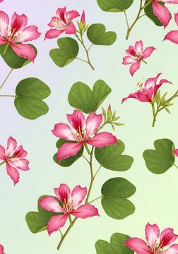 Elegant seamless fabric pattern featuring delicate pink bauhinia flowers with green leaves on a soft pastel background for textile design, leaves, spring, graphic