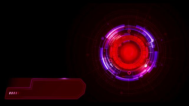 Futuristic red HUD Interface with circular digital scanner and empty UI panels on black Background