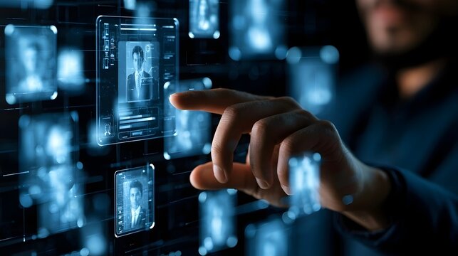 HR manager selecting virtual candidate profile for digital recruitment hiring. Smart AI technology system screening human talent. Future hr management data for professional job career.