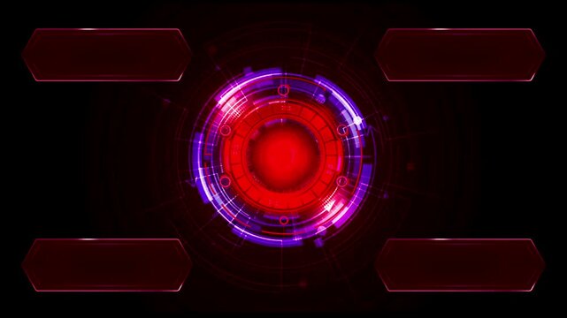 Futuristic red HUD Interface with circular digital scanner and empty UI panels on black Background