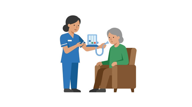 Nurse measuring elderly patient's lung capacity with spirometer in clinic