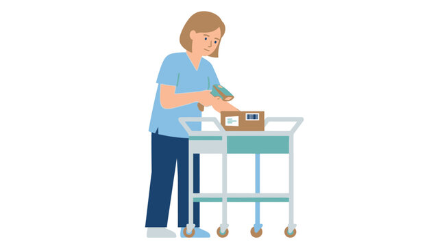 Nurse scanning package on medical cart, hospital logistics, healthcare delivery