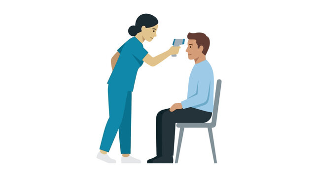 Nurse taking patient's temperature with infrared thermometer, healthcare concept