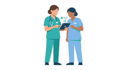 Fototapeta premium Two nurses in scrubs looking at a tablet, discussing medical data