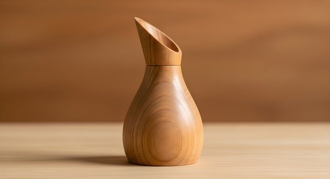 Minimalist wooden carafe on a table. Modern handcrafted wood pitcher for home decor.