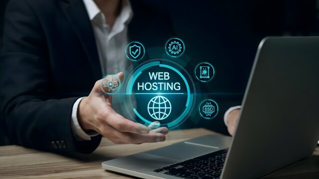 Businessman presenting a digital interface with web hosting concept icons