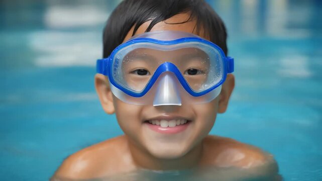 Happy Asian Boy Wearing Goggles Swimming in Pool