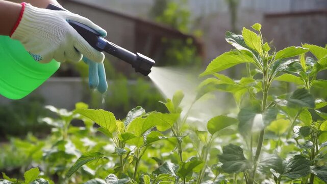 Gardener Hand Spraying Green Plants in Sunlight
