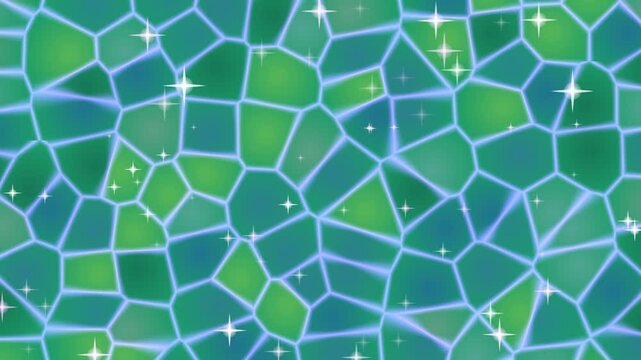Vibrant abstract mosaic pattern with sparkling green and blue geometric shapes. Glowing outlines and shimmering star accents form a dynamic background texture for digital designs