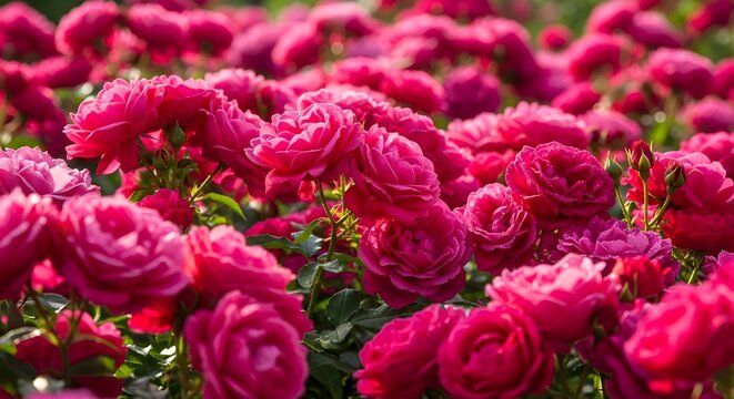Vibrant pink roses in a summer garden. Beautiful floral background of blooming rose bushes.