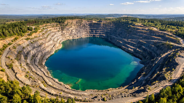 Aerial view of deep open pit mine with turquoise lake, industrial quarry landscape with terraced rock walls, environmental mining site with blue water