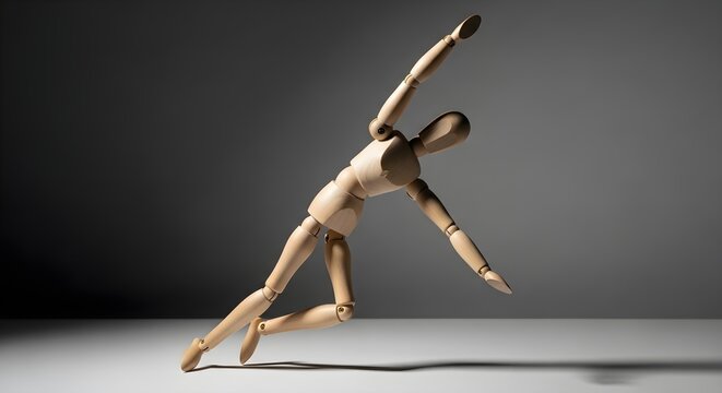 Wooden mannequin in a dynamic falling pose. Articulated human figure model for drawing.