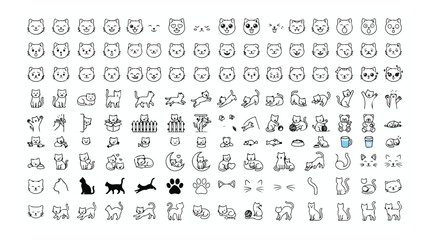 Minimalist cat icon set, hand drawn kitten line art illustrations, cute feline character doodles, black and white pet vector graphics collection © muhammad