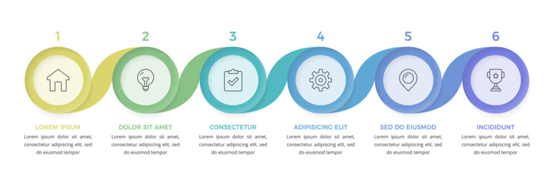 Infographic template featuring six circular elements connected by a flowing wavy line, suitable for timeline or data visualization