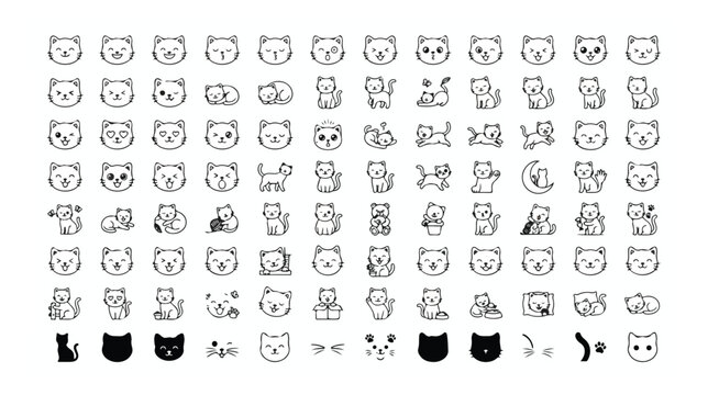 Minimalist cat icon set, collection of 88 linear kitten emojis and feline characters, black and white vector line art for web and app design