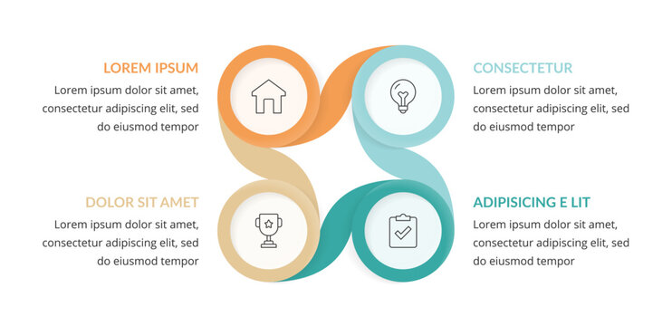 Circular infographic template with four elements arranged in a square and connected by ribbon shapes