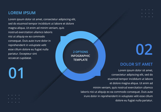 Comparison infographic template with central circle and two distinct sections for presenting two options or steps. Dark background