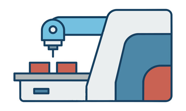 Side profile of an automated machining unit with a rotating tool arm and processing surface on white. Modern industrial technology concept