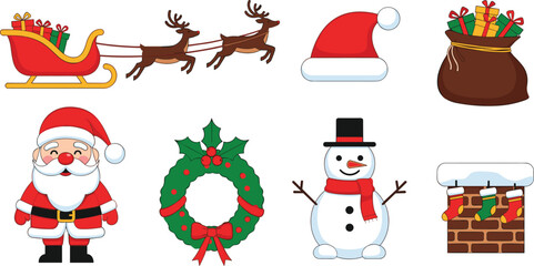 Fototapeta premium Santa Claus Illustration with Festive Holiday Symbols and Decorations Featuring Reindeer, Sleigh, Hat with Sack and Gifts