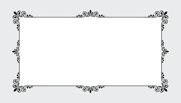 Elegant black decorative border frame with vintage corner scrolls is ideal for invitations and certificates.