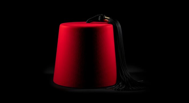 Traditional red Turkish fez hat with a black tassel on a dark background